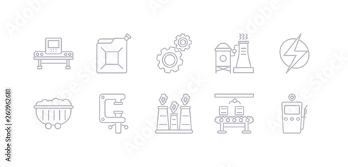simple gray 10 vector icons set such as gasoline pump, assembly line, chimney, clamp, coal, electricity, factory. editable vector icon pack