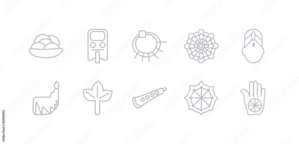 simple gray 10 vector icons set such as karma, dharma, shehnai, bael tree, dipa, bindi, mandala. editable vector icon pack simple gray 10 vector icons set such as karma, dharma, shehnai, bael tree, dipa, bindi, mandala. editable vector icon pack