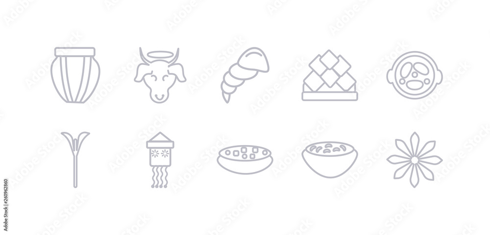 simple gray 10 vector icons set such as anise, curry, tikka masala, kandeel, trisul, malai kofta, lotus temple. editable vector icon pack