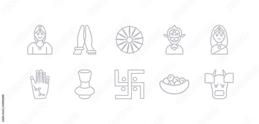 simple gray 10 vector icons set such as indian cow, laddu, swastica, indian vase, henna painted hand, gnostic, hanuman. editable vector icon pack simple gray 10 vector icons set such as indian cow, laddu, swastica, indian vase, henna painted hand, gnostic, hanuman. editable vector icon pack