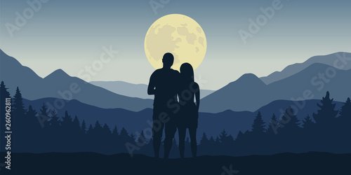 couple looks to the full moon in blue mountain and forest landscape at night vector illustration EPS10