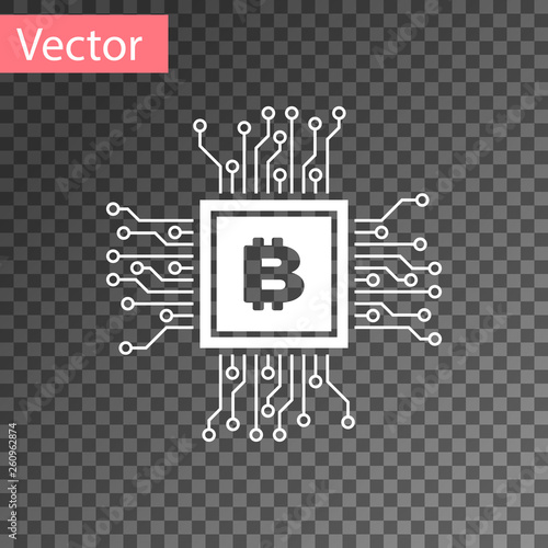 White CPU mining farm icon isolated on transparent background. Bitcoin sign inside processor. Cryptocurrency mining community. Digital money. Vector Illustration