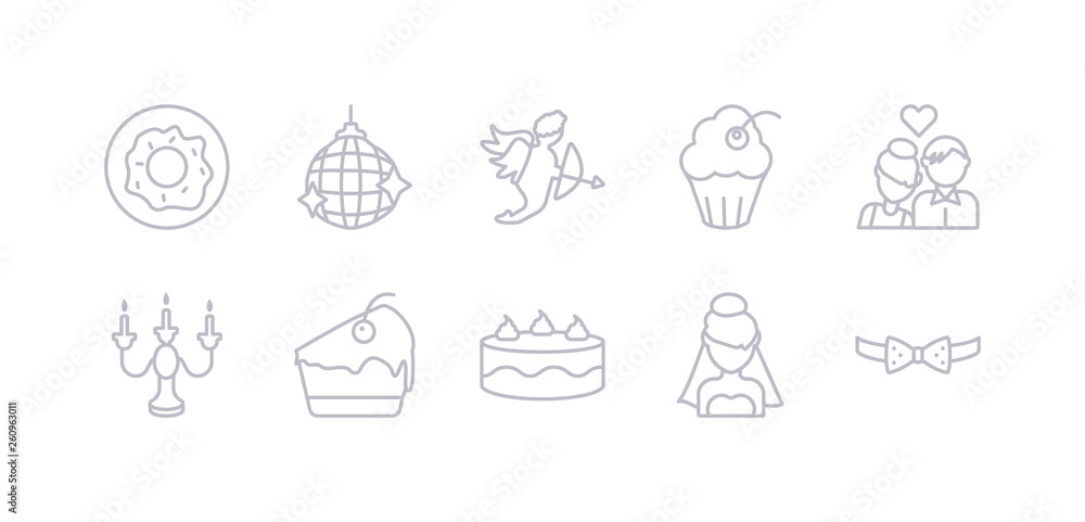 simple gray 10 vector icons set such as bow tie, bride, cake, cake slice, candelabra, couple, cupcake. editable vector icon pack