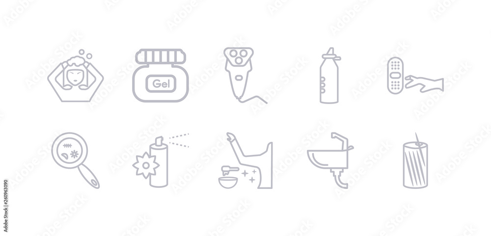 simple gray 10 vector icons set such as washbowl, wax, air freshener, bacteria, bandage, bottle, electric shaver. editable vector icon pack simple gray 10 vector icons set such as washbowl, wax, air freshener, bacteria, bandage, bottle, electric shaver. editable vector icon pack