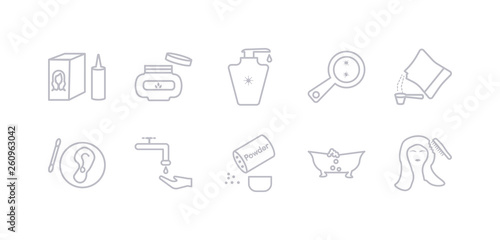 simple gray 10 vector icons set such as lather, powder, scrub up, varnish, detergent dose?, parasite, lotion. editable vector icon pack