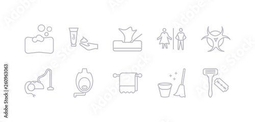 simple gray 10 vector icons set such as sanitary  towel  urinal  vacuum  virus  wc  wipes. editable vector icon pack