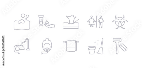 simple gray 10 vector icons set such as sanitary, towel, urinal, vacuum, virus, wc, wipes. editable vector icon pack