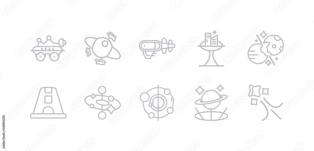 simple gray 10 vector icons set such as shooting star, simulator, solar system, space, space capsule, space collision, colony. editable vector icon pack simple gray 10 vector icons set such as shooting star, simulator, solar system, space, space capsule, space collision, colony. editable vector icon pack