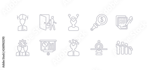 simple gray 10 vector icons set such as attrition, balanced scorecard, behavioral competency, benchmarking, change management, confidentiality agreement, due diligence. editable vector icon pack