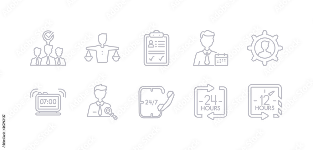 simple gray 10 vector icons set such as 12 hours, 24 hours, 24/7, administrator, alarm, appearance, appointment. editable vector icon pack