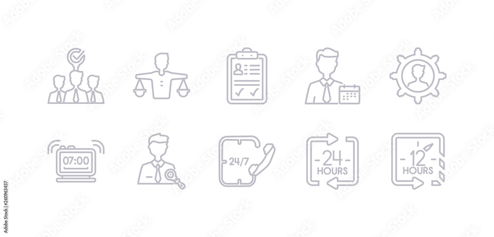 simple gray 10 vector icons set such as 12 hours, 24 hours, 24/7, administrator, alarm, appearance, appointment. editable vector icon pack simple gray 10 vector icons set such as 12 hours, 24 hours, 24/7, administrator, alarm, appearance, appointment. editable vector icon pack