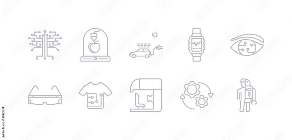 simple gray 10 vector icons set such as robots and humans, rotation, sensorama, smart clothing, smart glasses, smart lens, smartwatch. editable vector icon pack