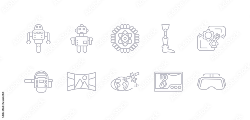 simple gray 10 vector icons set such as oculus rift, organ printing, outer space, panoramic view, personal assistant, processing, prosthesis. editable vector icon pack