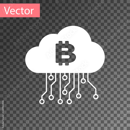 White Cryptocurrency cloud mining icon isolated on transparent background. Blockchain technology, bitcoin, digital money market, cryptocoin wallet. Vector Illustration