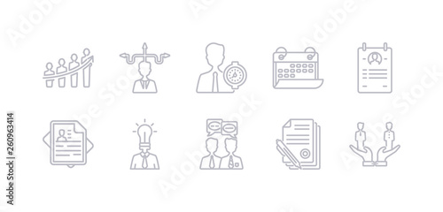 simple gray 10 vector icons set such as compare, contract, conversation, creativity, curriculum, curriculum vitae, date. editable vector icon pack