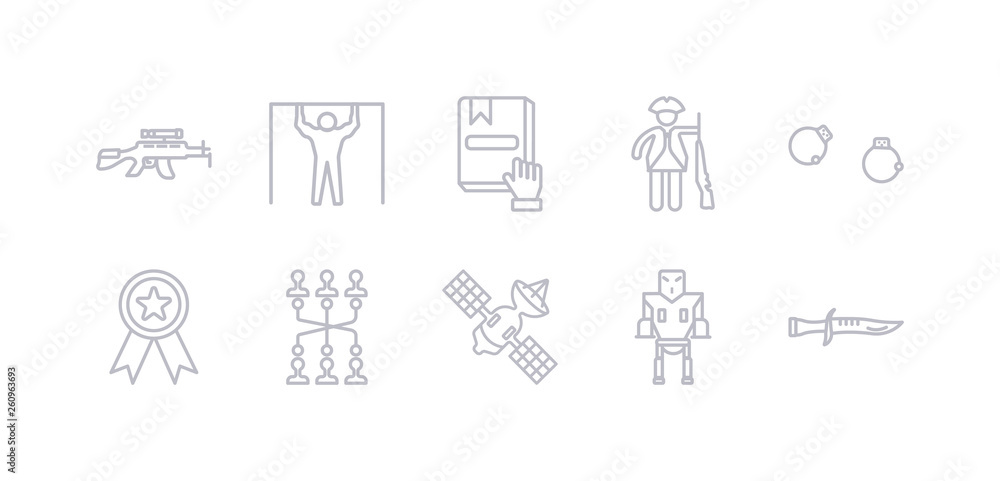 simple gray 10 vector icons set such as military knife, military robot machine, military satellites, strategy, militaty medal, pair of handcuffs, patriot. editable vector icon pack simple gray 10 vector icons set such as military knife, military robot machine, military satellites, strategy, militaty medal, pair of handcuffs, patriot. editable vector icon pack