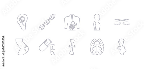 simple gray 10 vector icons set such as woman pregnant, brain upper view, broken bone, capsule black and white variant, cellulite, closed eyes with lashes and brows, column inside a male human body