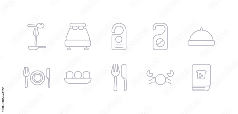 simple gray 10 vector icons set such as cookbook, crab, cutlery, dim sum, dinner, dish, do not disturb. editable vector icon pack