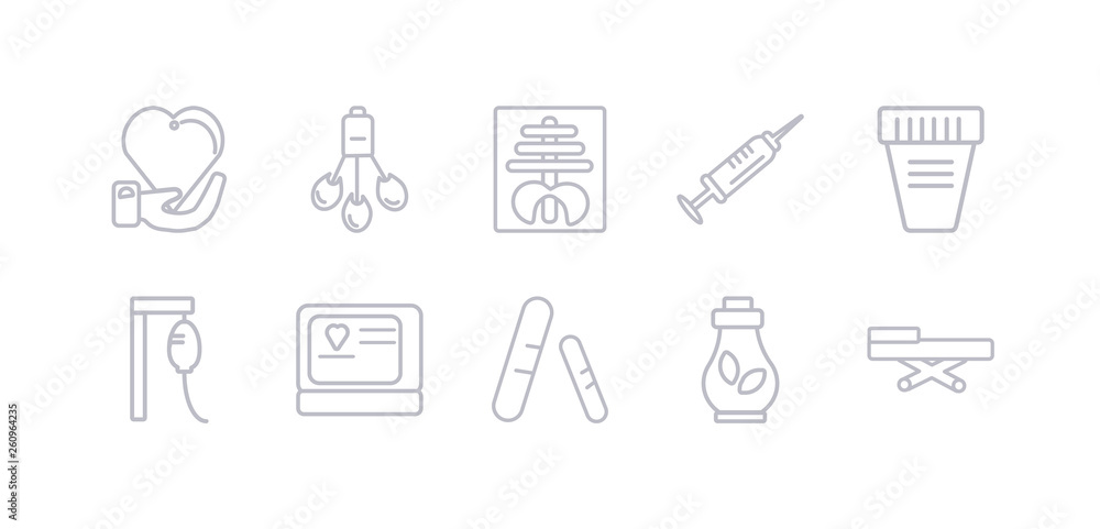 simple gray 10 vector icons set such as stretcher, syrup, tablets, tonometer, transfusion, urine, vaccine. editable vector icon pack