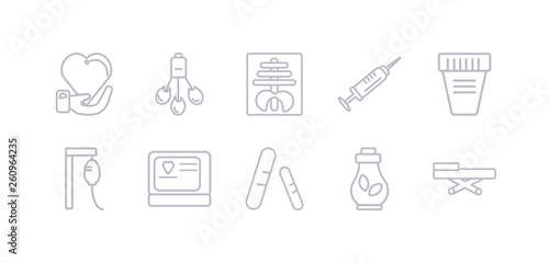 simple gray 10 vector icons set such as stretcher  syrup  tablets  tonometer  transfusion  urine  vaccine. editable vector icon pack