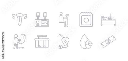 simple gray 10 vector icons set such as band aid, blood drop, blood pressure, blood test, transfusion, broken leg, condom. editable vector icon pack