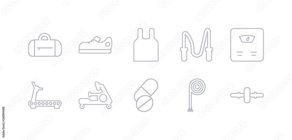 simple gray 10 vector icons set such as roller, rope, press simulator, rowing machine, running machine, scale, skipping rope. editable vector icon pack simple gray 10 vector icons set such as roller, rope, press simulator, rowing machine, running machine, scale, skipping rope. editable vector icon pack