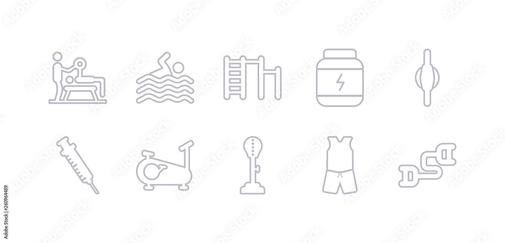 simple gray 10 vector icons set such as sport expander, sport wear, standing punching ball, stationary bike, steroids, stretching punching ball, supplement. editable vector icon pack simple gray 10 vector icons set such as sport expander, sport wear, standing punching ball, stationary bike, steroids, stretching punching ball, supplement. editable vector icon pack