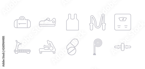 simple gray 10 vector icons set such as roller, rope, press simulator, rowing machine, running machine, scale, skipping rope. editable vector icon pack
