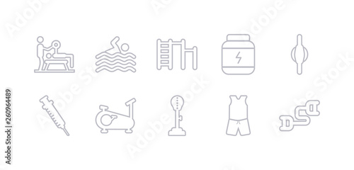simple gray 10 vector icons set such as sport expander, sport wear, standing punching ball, stationary bike, steroids, stretching punching ball, supplement. editable vector icon pack