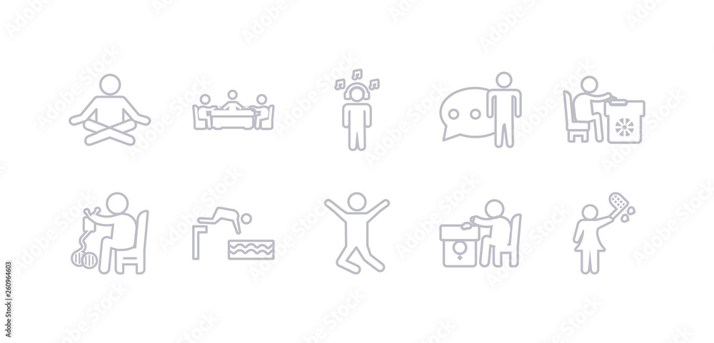 simple gray 10 vector icons set such as insect collecting, jewelry making, jumping, jumping to the water, knitting, lace making, language. editable vector icon pack simple gray 10 vector icons set such as insect collecting, jewelry making, jumping, jumping to the water, knitting, lace making, language. editable vector icon pack