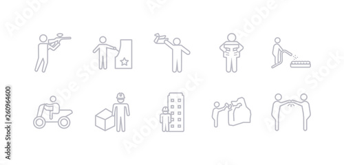 simple gray 10 vector icons set such as meeting with a friend  mineral collecting  model building  modeling  motorcycle riding  mushrooming  newspaper readign. editable vector icon pack