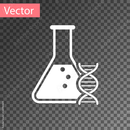 White DNA research, search icon isolated on transparent background. Genetic engineering, genetics testing, cloning, paternity testing. Vector Illustration