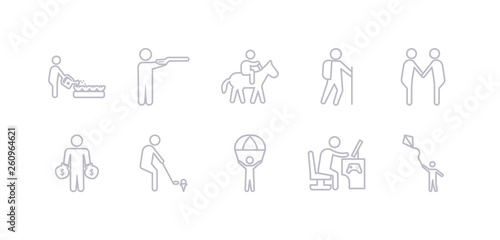 simple gray 10 vector icons set such as flying a kite, game playing, gliding parachutist, golf playing, greedy, greeting, hiking. editable vector icon pack