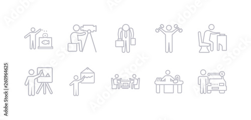 simple gray 10 vector icons set such as dealer  dish washing  dominoes  drawing  easel  eating  exercising. editable vector icon pack