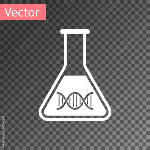 White DNA research, search icon isolated on transparent background. Genetic engineering, genetics testing, cloning, paternity testing. Vector Illustration