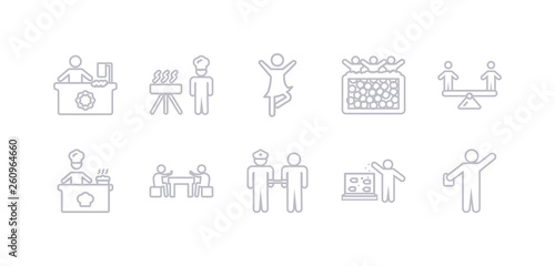 simple gray 10 vector icons set such as acting, aquarium, arrest, baccarat, baking, balancing, ball pit. editable vector icon pack