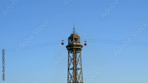 Gondola Lift Cabins Cable Cars at Montjuic Barcelona Catalonia Spain Moving Away from Tower on Clear Sunny Day 50fps photo