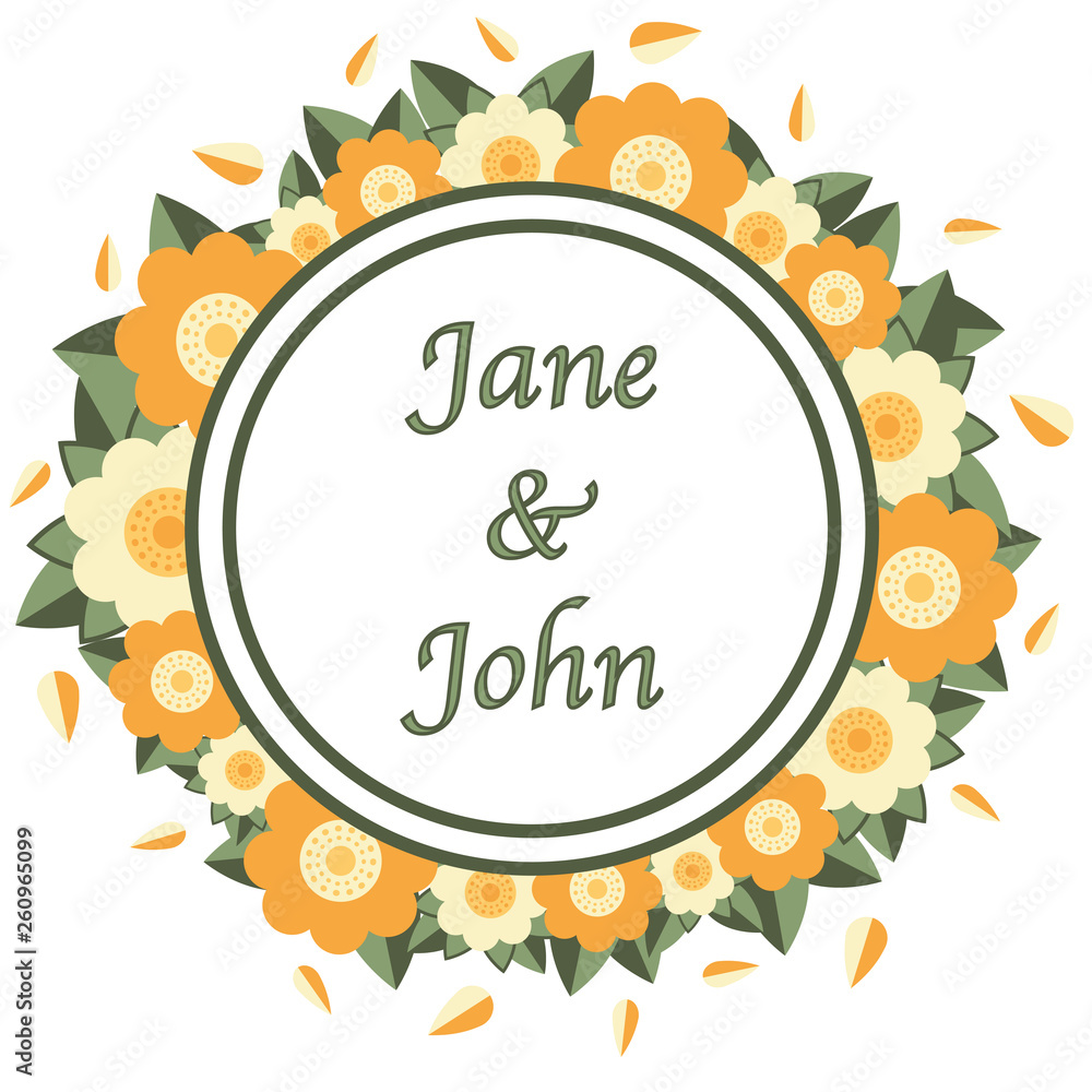 Cute invitation template with wreath of yellow and orange flowers and green leaves and a text sample. White background. Flat style illustration. Vector.