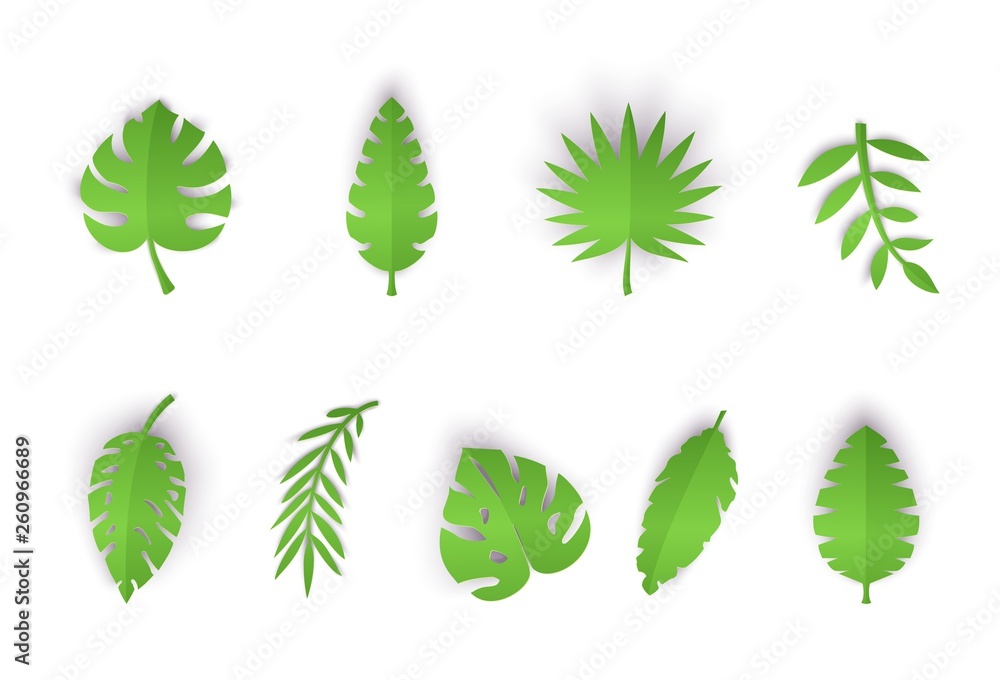 Set of summer tropical leaves in paper cut style. Craft jungle plants collection on white background. Vector card illustration in paper cutting art style
