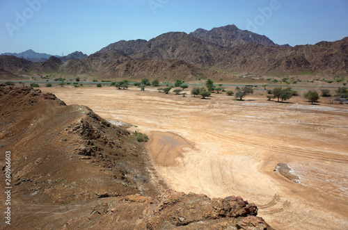 Arabian peninsula landscape with dry mountains in Fujairah, United Arab Emirates
