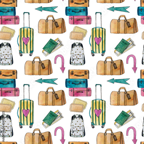 Watercolor seamless travel pattern with suitcase, bag, backpack, arrows, passport and tickets. Hand drawn illustration.