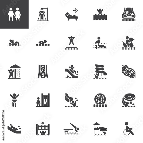Water park slides vector icons set, modern solid symbol collection, filled style pictogram pack. Signs, logo illustration. Set includes icons as aqua park swimming pool, sunbathing , summer vacations