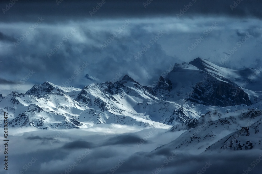 Swiss Alps scenery. Winter mountains. Beautiful nature scenery in winter. Mountain covered by snow, glacier. Panoramatic view, Switzerland, holiday destination for sports and hiking, wallpaper