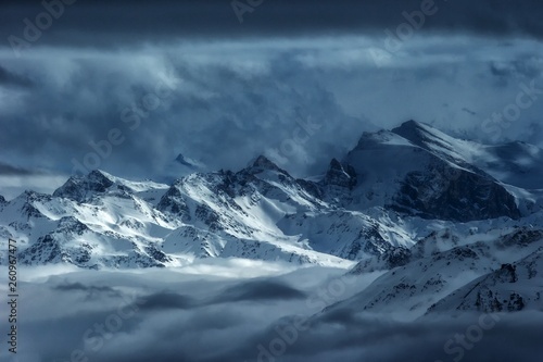 Swiss Alps scenery. Winter mountains. Beautiful nature scenery in winter. Mountain covered by snow, glacier. Panoramatic view, Switzerland, holiday destination for sports and hiking, wallpaper © Ji
