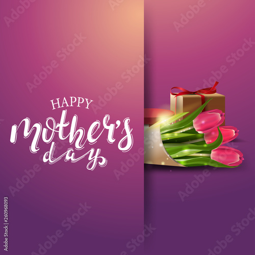 Happy mother's day, modern pink congratulations postcard template with bouquet of tulips