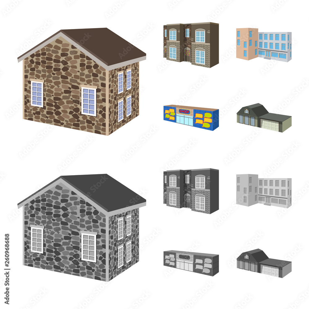 Isolated object of facade and housing sign. Set of facade and infrastructure vector icon for stock. Isolated object of facade and housing sign. Set of facade and infrastructure vector icon for stock.