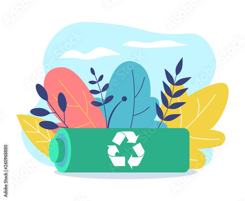 Battery recycling. Reclining battery with recycling icon