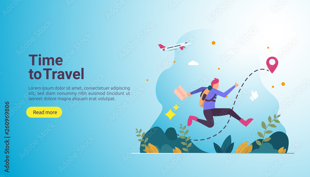 Obraz premium backpacker travel adventure concept. outdoor vacation recreation in nature theme of hiking, climbing and trekking with people character. template for landing page, banner, poster, ad or print media