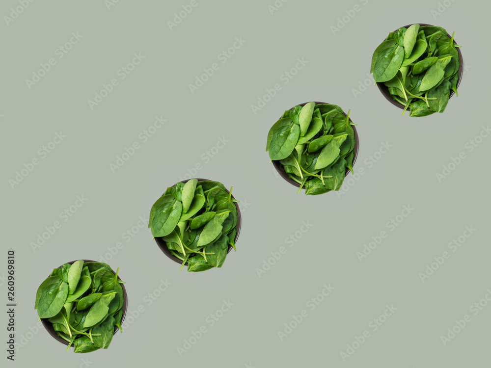Diagonal row of fresh raw spinach leaves in dark bowl on solid gray background. Isolated top view. Healthy plant based diet detox smoothies ingredient. Minimalist creative food poster Diagonal row of fresh raw spinach leaves in dark bowl on solid gray background. Isolated top view. Healthy plant based diet detox smoothies ingredient. Minimalist creative food poster