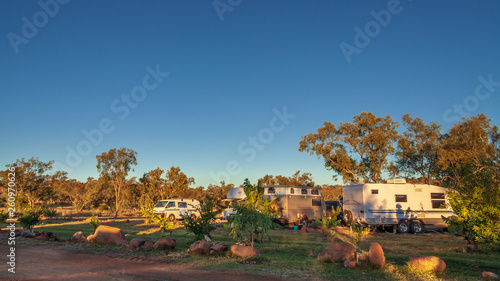 Caravans and campers set up at a outback caravan park in Australia's Kimberley Region.